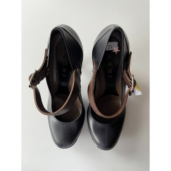 Marni Navy Blue Rubber Mary Jane Pumps Heels W/ Brown Strap Size 7 (US) 37 (IT) - Picture 11 of 11